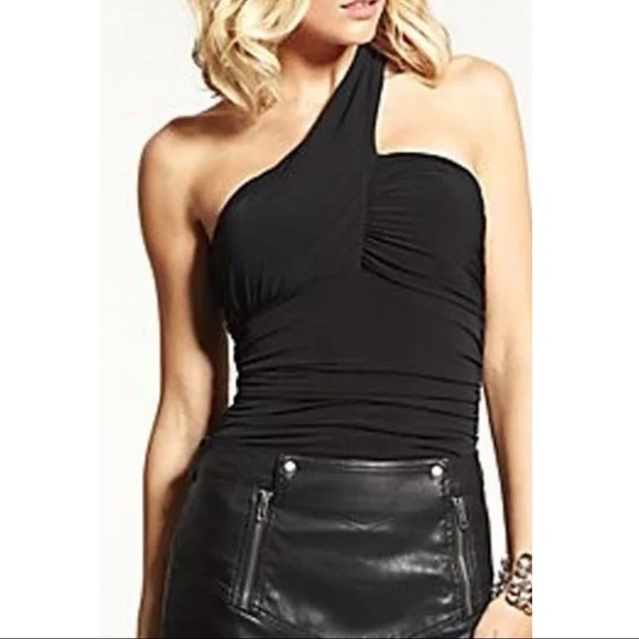 GUESS One Shoulder Shirred Stretch Knit Top :Black: XS - Picture 2 of 7